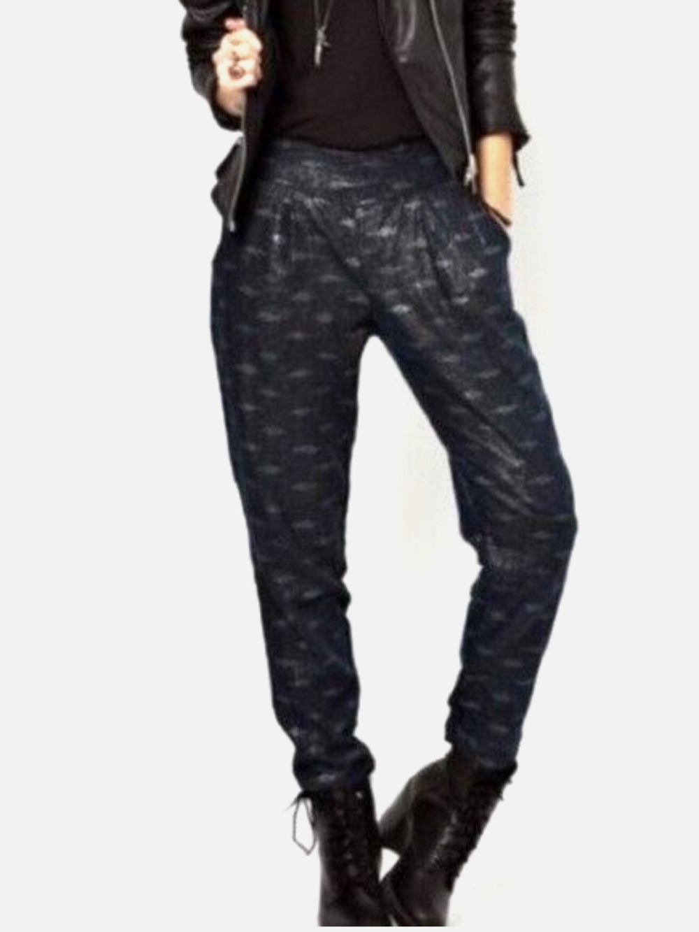 Free People Women's Navy shimmer Relaxed linen blend Harem Pants with Pockets S